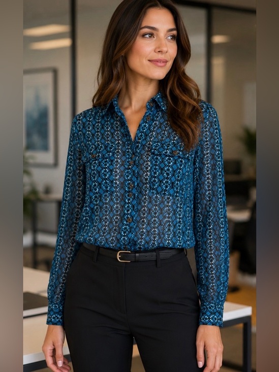 Vince Camuto Tops - Vince Camuto Sheer Blue Geometric Button-Up Blouse Size Small | Long Sleeve